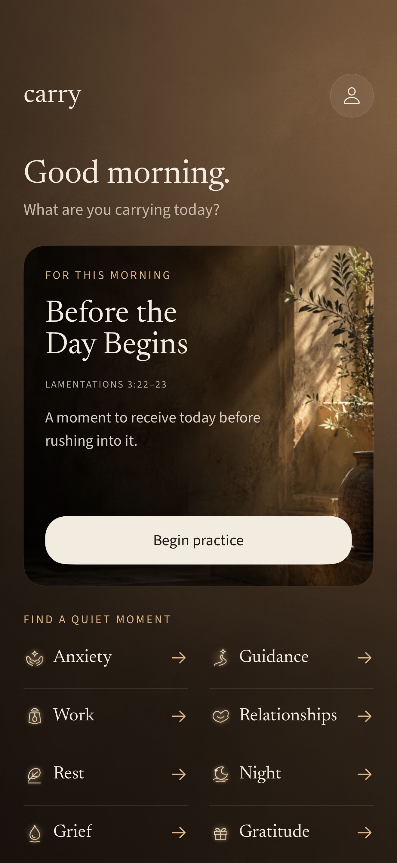 Carry’s home screen featuring Before the Day Begins